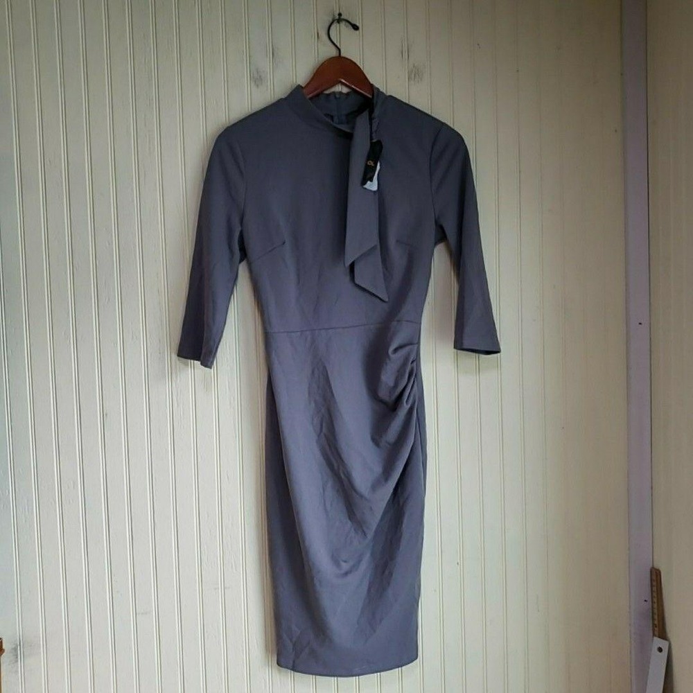Miusol Dress Womens Small Gray Solid 3/4 Sleeve High Neck Ruched Knee Length